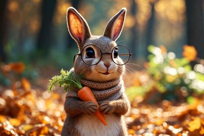 Rabbit holds carrot in autumn setting