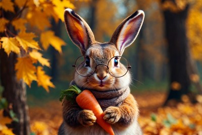 Rabbit in autumn forest with carrot