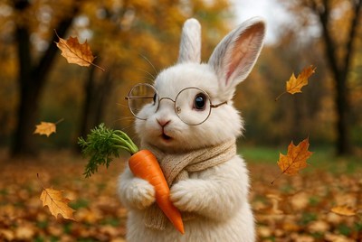 Rabbit holding carrot in autumn