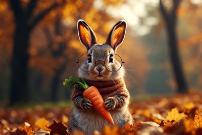 Rabbit holds carrot in autumn scene