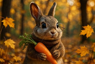 Rabbit holding carrot in autumn forest