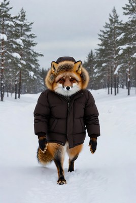 Fox walking in winter coat