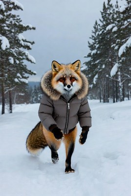 Fox in winter coat walking through snow