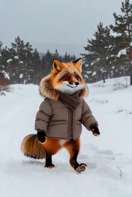 Fox walking in snow with jacket