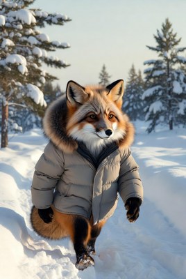 Fox walking in winter coat