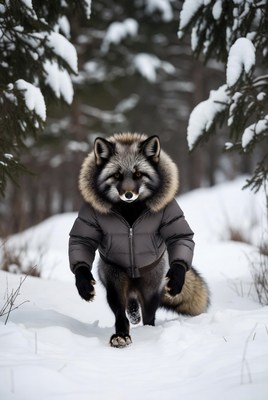 Fox in winter coat walks through snow