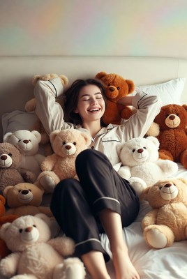 Smiling person surrounded by teddy bears