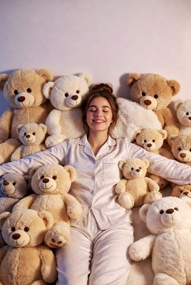 Girl surrounded by teddy bears in a room