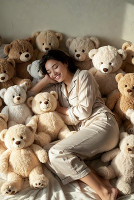 Woman rests among teddy bears