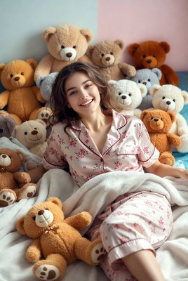 Woman surrounded by teddy bears in room