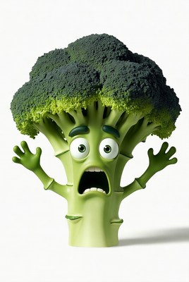 Broccoli with scared expression looking surprised