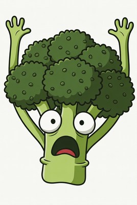 Broccoli with surprised expression raises arms