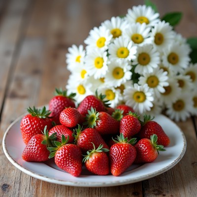 Fresh strawberries and flowers on a table