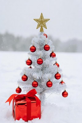 Christmas tree and gift in snow