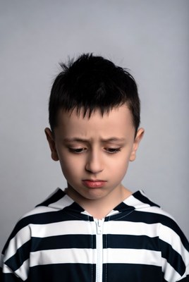 Child in striped outfit looking down