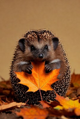 Hedgehog holding a leaf in autumn
