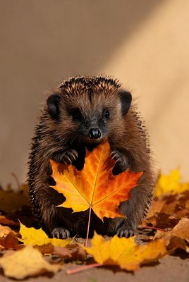 Hedgehog holding a leaf in autumn