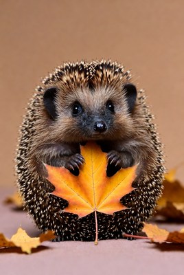Hedgehog holding leaf in autumn scene