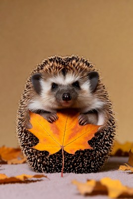 Hedgehog with autumn leaf