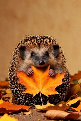 Hedgehog holding autumn leaf