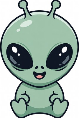 Cute green alien character with big eyes
