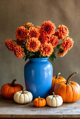 Flowers and pumpkins on wooden table