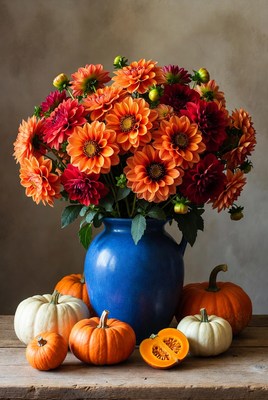 Bright flowers and pumpkins in autumn display