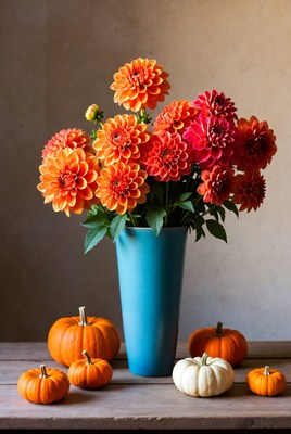Fall flowers and pumpkins on table