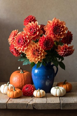 Flower arrangement with pumpkins on table
