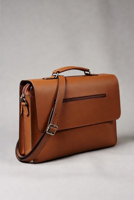 Brown leather messenger bag on gray background