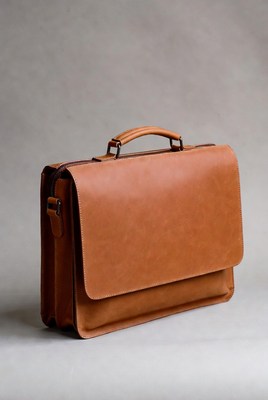 Brown leather bag on gray backdrop