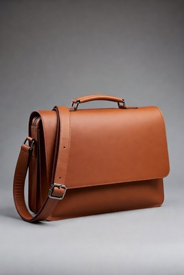 Brown leather bag on gray background