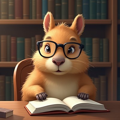 Cute animal reading in library