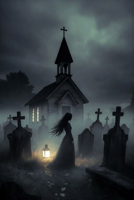 Woman by graveyard lantern at night