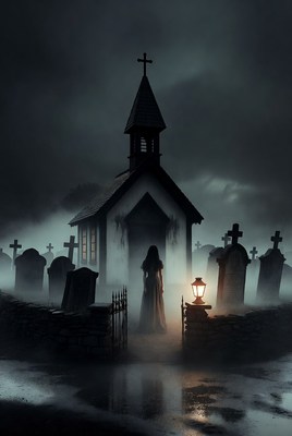 Gothic church in misty cemetery at night