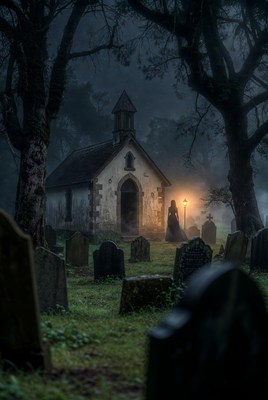 Woman walks by old church at night