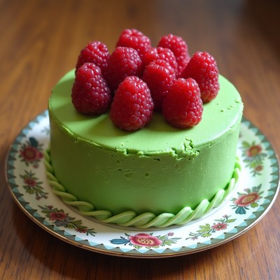 Green cake with raspberries on top