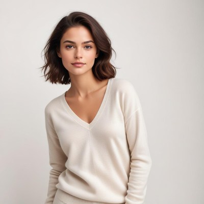 Woman in light sweater poses indoors