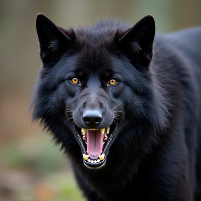 Black wolf showing teeth in forest