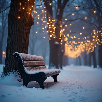 Snowy path with lights at night
