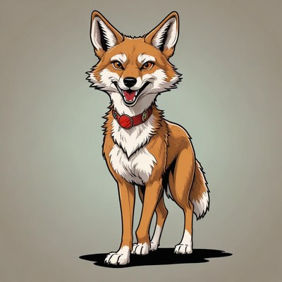 Cartoon fox with a collar stands smiling