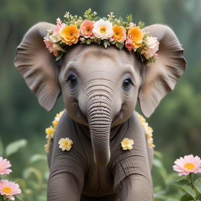 Elephant wearing flower crown outdoors