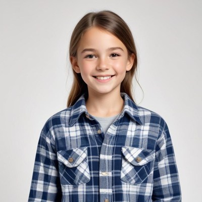 Child smiling in plaid shirt