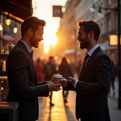 Two men talking at sunset