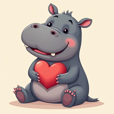 Happy hippo holding a heart
