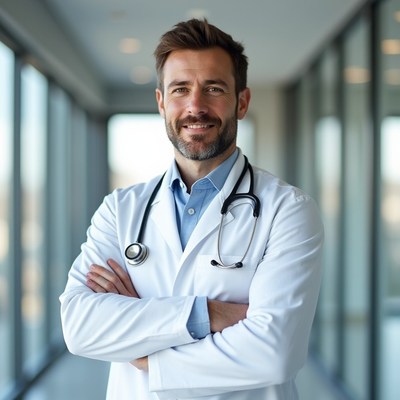 Doctor stands with arms crossed in hospital