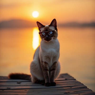Cat wearing glasses at sunset