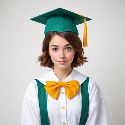 Graduate in green cap and gown