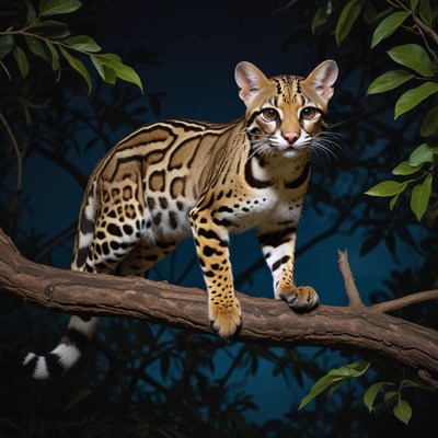 Ocelot climbing a tree at night