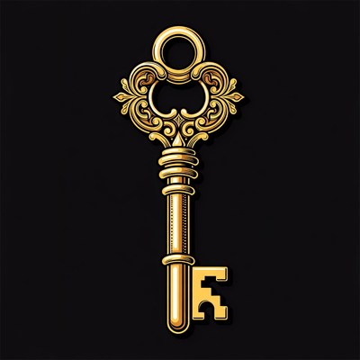 Ornate gold key on black background